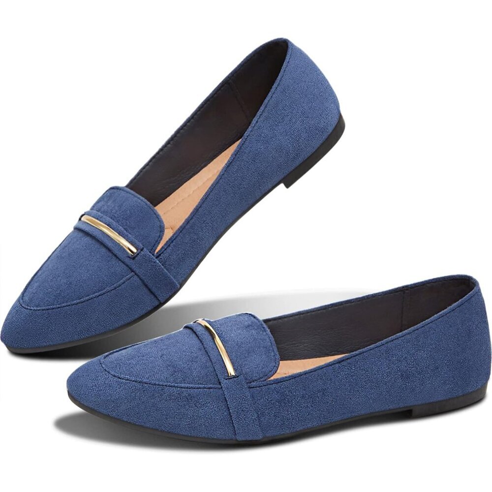 Obtaom Women's Navy Faux Leather Pointed Toe Slip On Loafer Ballet Flat